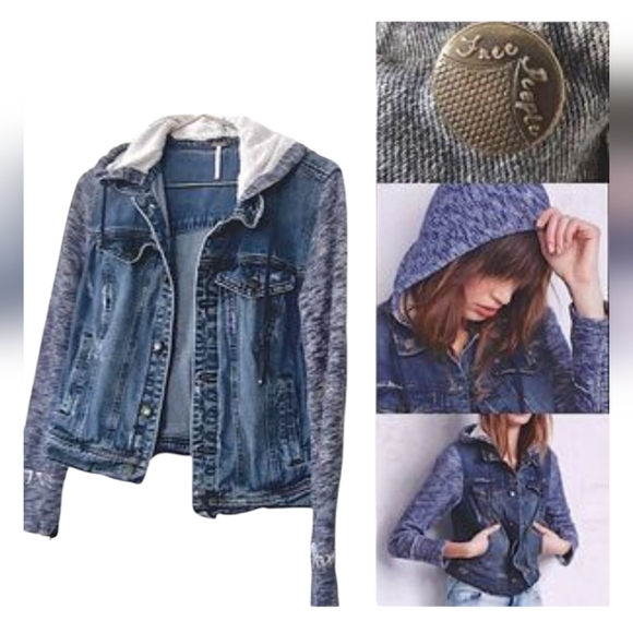 Free People Denim Hooded Jacket with Knit Heathered Sleeves - Picture 1 of 8
